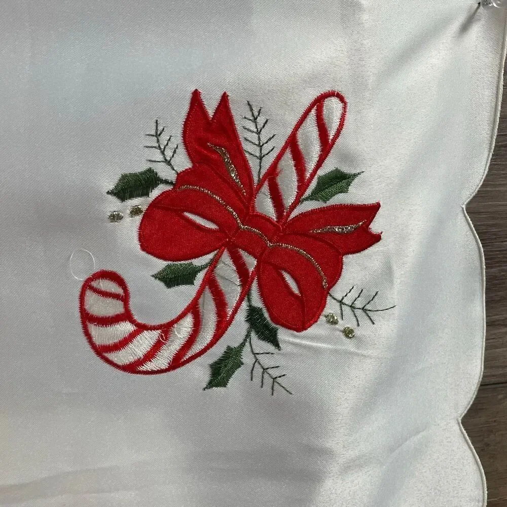 Vintage Christmas Satin Like Tablecover Candy Canes Bows Holly Home Decor 34x34